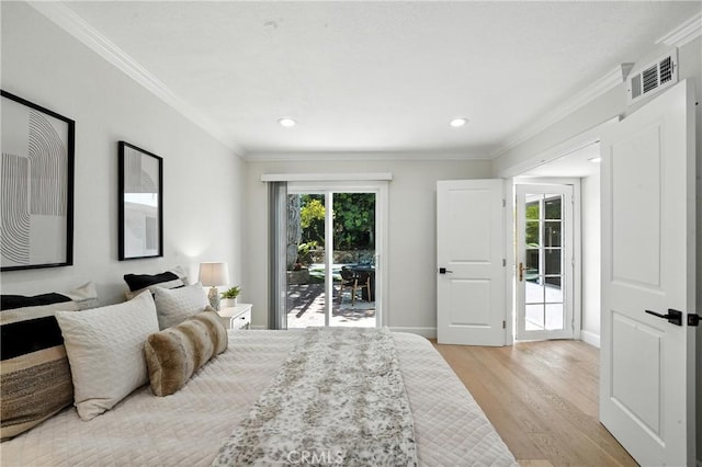 24901 Del Monte St, Laguna Hills, CA 92653 - bedroom with light wood-type flooring, multiple windows, access to exterior, crown molding, and recessed lighting