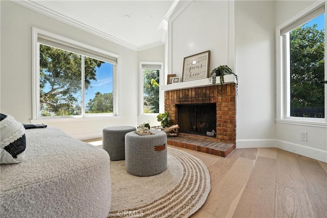 24901 Del Monte St, Laguna Hills, CA 92653 - bedroom with wood finished floors, ornamental molding, a brick fireplace, and vaulted ceiling