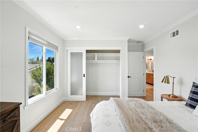 24901 Del Monte St, Laguna Hills, CA 92653 - bedroom featuring ornamental molding, light wood-style flooring, a closet, and recessed lighting
