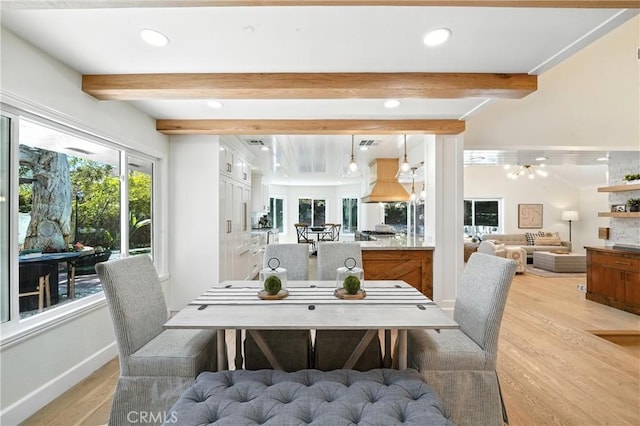 24901 Del Monte St, Laguna Hills, CA 92653 - dining area with light wood-type flooring, beamed ceiling, and recessed lighting