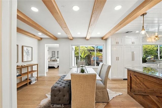 24901 Del Monte St, Laguna Hills, CA 92653 - dining area featuring beam ceiling, light wood-style floors, recessed lighting, and healthy amount of natural light