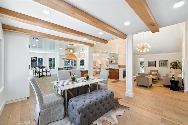 24901 Del Monte St, Laguna Hills, CA 92653 - dining area featuring plenty of natural light, beam ceiling, a chandelier, light wood-style flooring, and recessed lighting