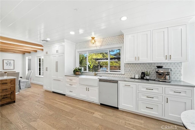 24901 Del Monte St, Laguna Hills, CA 92653 - kitchen featuring white dishwasher, light wood finished floors, light countertops, white cabinets, and recessed lighting