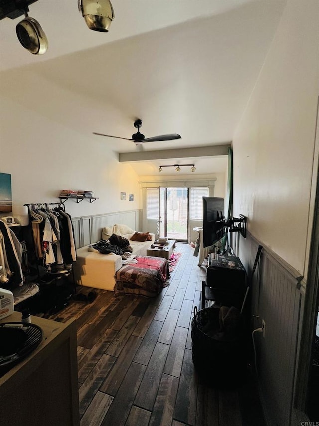 3943 Ingraham St, San Diego, CA 92109 - living room featuring a wainscoted wall, a ceiling fan, and wood finished floors