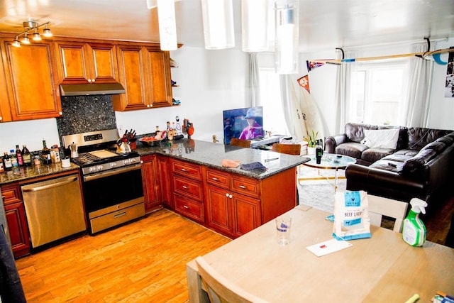 3943 Ingraham St, San Diego, CA 92109 - kitchen with appliances with stainless steel finishes, exhaust hood, light wood-style floors, a peninsula, and open floor plan