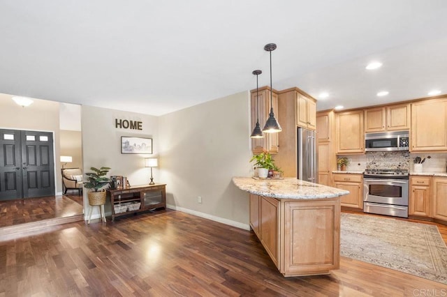 1772 Treseder Cir, El Cajon, CA 92019 - kitchen with appliances with stainless steel finishes, light brown cabinetry, light stone countertops, backsplash, and dark wood-type flooring