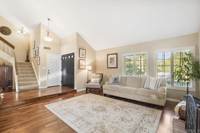 1772 Treseder Cir, El Cajon, CA 92019 - living room featuring stairs, high vaulted ceiling, and wood finished floors