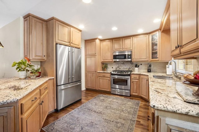 1772 Treseder Cir, El Cajon, CA 92019 - kitchen featuring stainless steel appliances, light stone countertops, backsplash, dark wood-type flooring, and recessed lighting