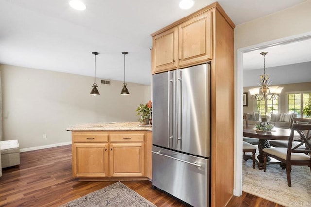 1772 Treseder Cir, El Cajon, CA 92019 - kitchen featuring high end refrigerator, dark wood finished floors, a peninsula, a chandelier, and decorative light fixtures