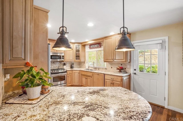 1772 Treseder Cir, El Cajon, CA 92019 - kitchen featuring stainless steel appliances, light brown cabinetry, decorative backsplash, dark wood finished floors, and recessed lighting
