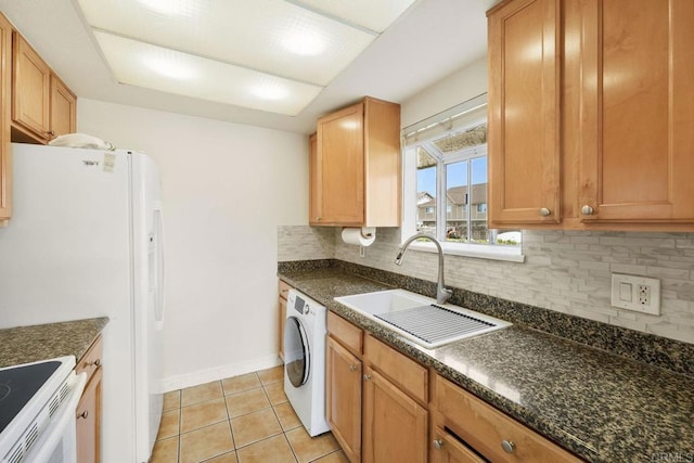 830 Broadway Unit 18, El Cajon, CA 92021 - kitchen with washer / clothes dryer, tasteful backsplash, light tile patterned flooring, and white appliances