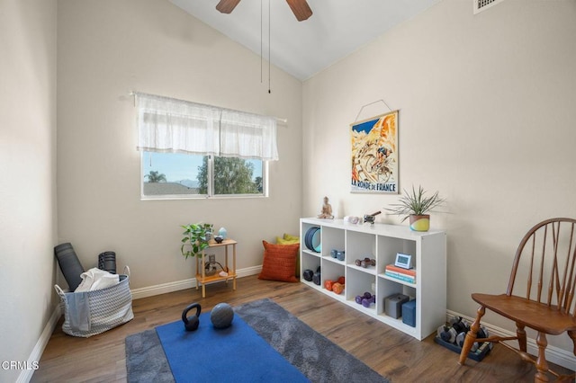 28802 Raintree Ln, Saugus, CA 91390 - exercise area featuring lofted ceiling, wood finished floors, and a ceiling fan