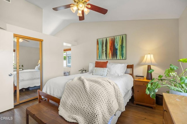 28802 Raintree Ln, Saugus, CA 91390 - bedroom featuring lofted ceiling, wood finished floors, ceiling fan, and a closet