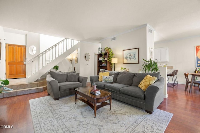 28802 Raintree Ln, Saugus, CA 91390 - living area with stairway, wood finished floors, and ornamental molding