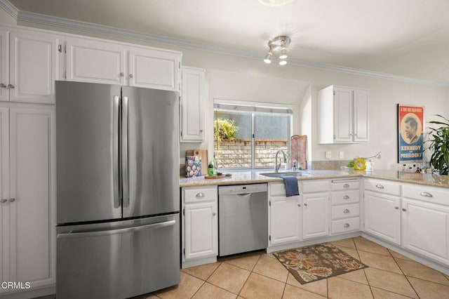 28802 Raintree Ln, Saugus, CA 91390 - kitchen featuring stainless steel appliances, crown molding, white cabinets, and light tile patterned flooring