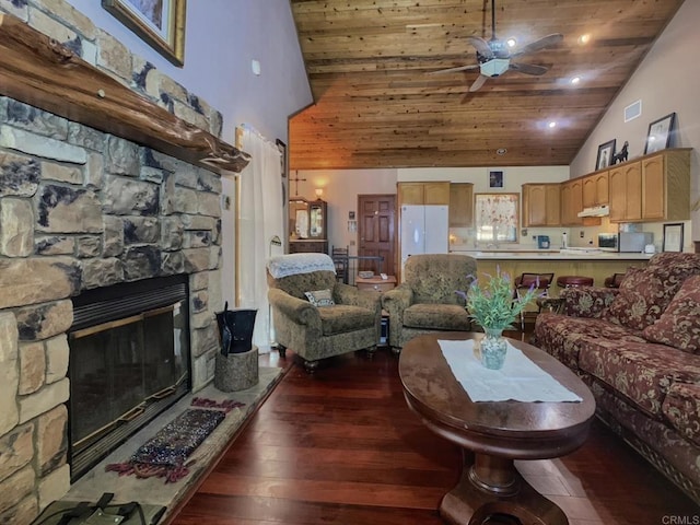 4822 Belvedere Dr, Julian, CA 92036 - living room with high vaulted ceiling, a ceiling fan, wood ceiling, dark wood-style flooring, and a fireplace