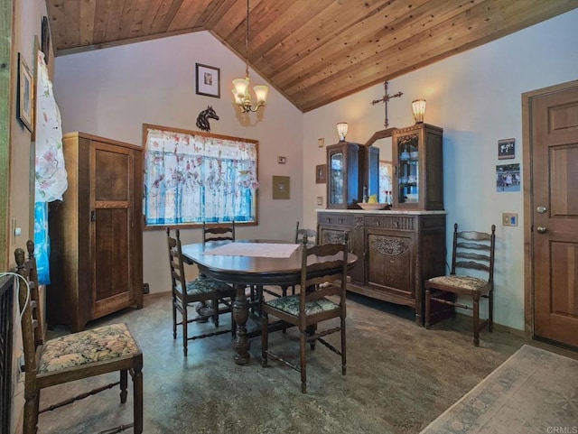 4822 Belvedere Dr, Julian, CA 92036 - dining room with wood ceiling, high vaulted ceiling, finished concrete floors, and a chandelier