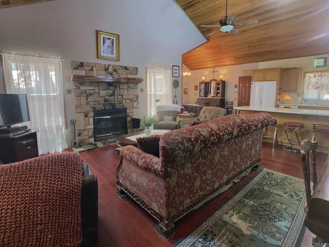 4822 Belvedere Dr, Julian, CA 92036 - living area with dark wood finished floors, a fireplace, ceiling fan, high vaulted ceiling, and wood ceiling