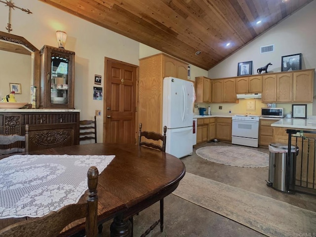 4822 Belvedere Dr, Julian, CA 92036 - kitchen with white appliances, finished concrete flooring, under cabinet range hood, light countertops, and wooden ceiling