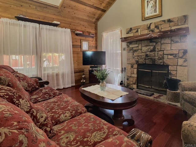 4822 Belvedere Dr, Julian, CA 92036 - living area featuring wood walls, wood finished floors, high vaulted ceiling, wooden ceiling, and a fireplace