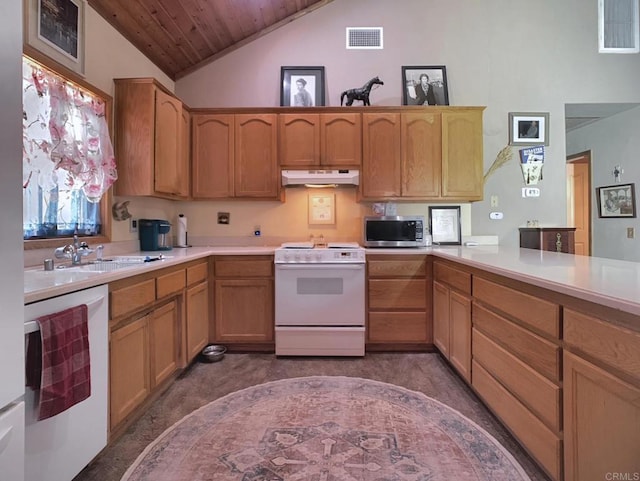 4822 Belvedere Dr, Julian, CA 92036 - kitchen featuring white appliances, high vaulted ceiling, light countertops, wood ceiling, and premium range hood