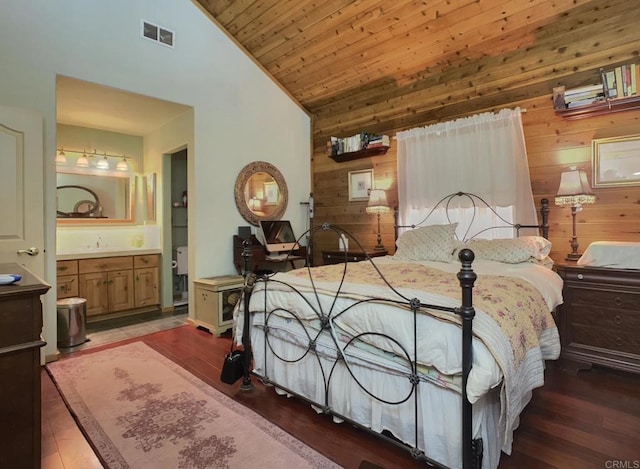 4822 Belvedere Dr, Julian, CA 92036 - bedroom with wood walls, wood finished floors, wooden ceiling, ensuite bath, and high vaulted ceiling