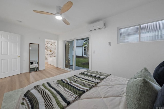 709 Puebla St, Encinitas, CA 92024 - bedroom with a wall mounted air conditioner, wood finished floors, a ceiling fan, and access to exterior
