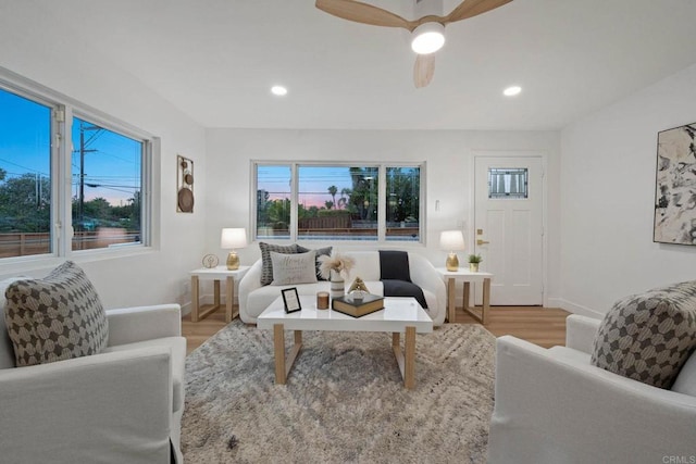 709 Puebla St, Encinitas, CA 92024 - living room with wood finished floors, ceiling fan, and recessed lighting