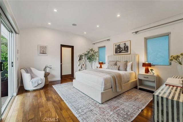 2531 N Commonwealth Ave, Los Angeles, CA 90027 - bedroom with lofted ceiling, hardwood / wood-style flooring, recessed lighting, and access to exterior