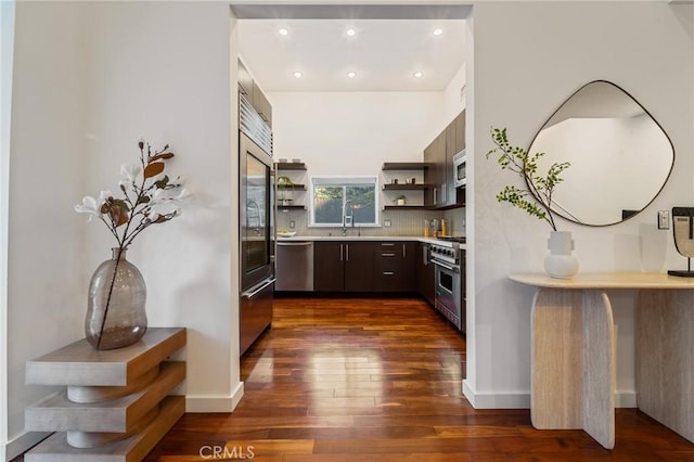 2531 N Commonwealth Ave, Los Angeles, CA 90027 - bar area featuring high end appliances, dark wood-style floors, recessed lighting, and backsplash