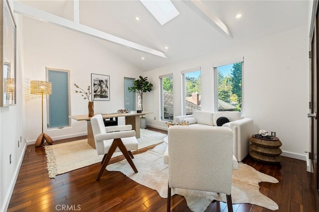2531 N Commonwealth Ave, Los Angeles, CA 90027 - living room with a skylight, beamed ceiling, hardwood / wood-style floors, recessed lighting, and high vaulted ceiling