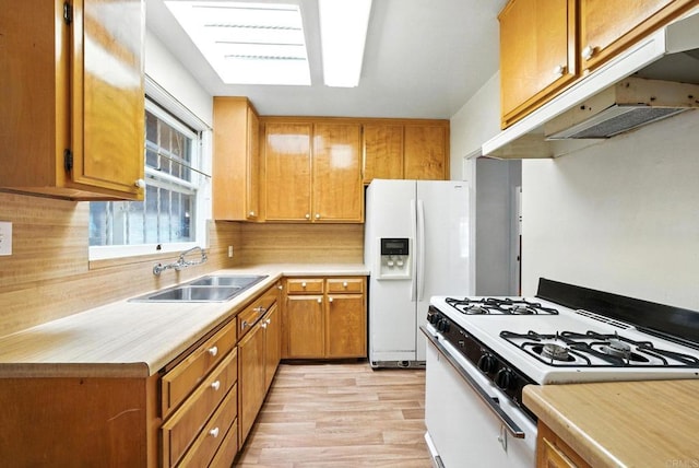 1465 S 43rd St, San Diego, CA 92113 - kitchen featuring white appliances, under cabinet range hood, light countertops, and light wood-style floors