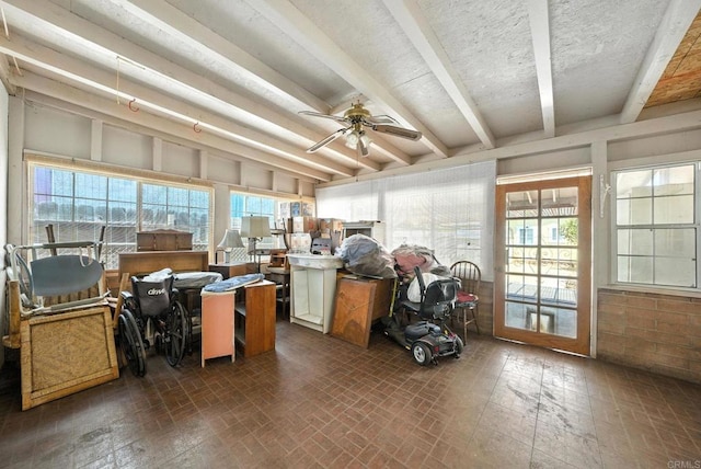 1465 S 43rd St, San Diego, CA 92113 - misc room with beamed ceiling, plenty of natural light, brick patterned flooring, and ceiling fan