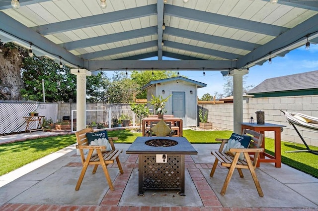 4624 Katherine Place, La Mesa, CA 91942 - fenced backyard featuring an outdoor fire pit, a shed, and a patio area