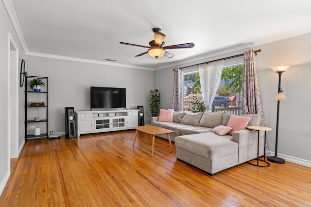 4624 Katherine Place, La Mesa, CA 91942 - living room featuring a ceiling fan, wood finished floors, and crown molding
