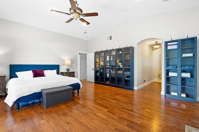 4624 Katherine Place, La Mesa, CA 91942 - bedroom featuring arched walkways, wood finished floors, high vaulted ceiling, and ceiling fan
