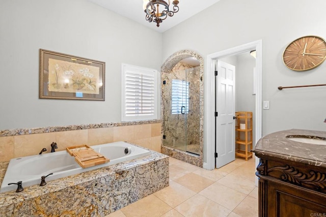 4624 Katherine Place, La Mesa, CA 91942 - bathroom featuring a bath, a shower stall, vanity, tile patterned flooring, and a chandelier
