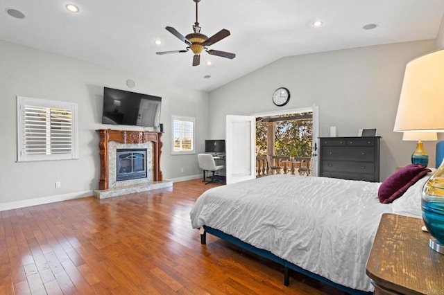 4624 Katherine Place, La Mesa, CA 91942 - bedroom with vaulted ceiling, wood finished floors, a high end fireplace, a ceiling fan, and recessed lighting