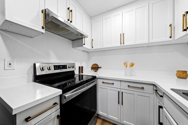 6735 Amherst St, San Diego, CA 92115 - kitchen featuring electric range, extractor fan, light countertops, and white cabinetry
