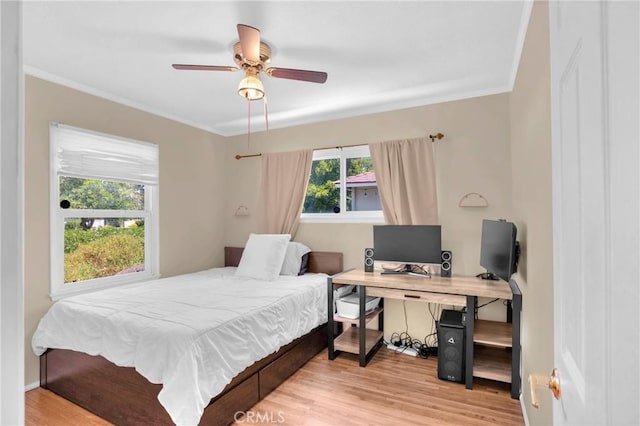 16918 Baltar St, Van Nuys, CA 91406 - bedroom featuring wood finished floors, ornamental molding, an office area, and ceiling fan