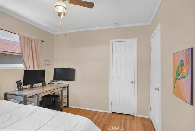 16918 Baltar St, Van Nuys, CA 91406 - bedroom featuring wood finished floors, ornamental molding, and ceiling fan