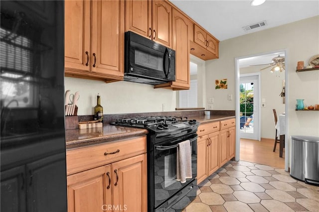 16918 Baltar St, Van Nuys, CA 91406 - kitchen featuring black appliances, dark countertops, ceiling fan, and recessed lighting