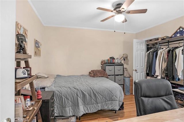 16918 Baltar St, Van Nuys, CA 91406 - bedroom featuring ornamental molding, wood finished floors, and a ceiling fan