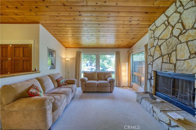 92 Mariposa Dr, San Luis Obispo, CA 93401 - carpeted living area with wooden ceiling, vaulted ceiling, and a fireplace