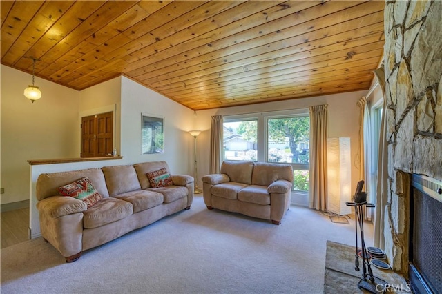 92 Mariposa Dr, San Luis Obispo, CA 93401 - living room featuring vaulted ceiling, carpet floors, wood ceiling, and a stone fireplace