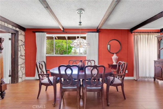 19955 Chickasaw Rd, Apple Valley, CA 92307 - dining space featuring wood finished floors, beam ceiling, a textured ceiling, and a chandelier