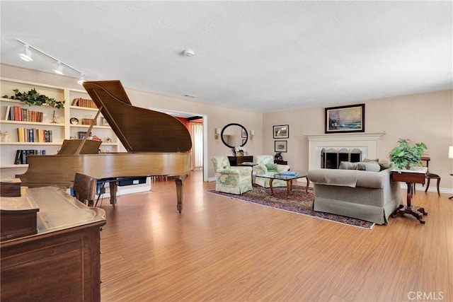 19955 Chickasaw Rd, Apple Valley, CA 92307 - living room with light wood-style floors, a fireplace, and track lighting