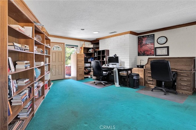 19955 Chickasaw Rd, Apple Valley, CA 92307 - office area featuring ornamental molding, a textured ceiling, and carpet