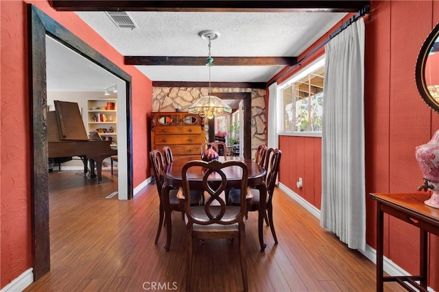 19955 Chickasaw Rd, Apple Valley, CA 92307 - dining area with beam ceiling, a chandelier, wood finished floors, and a textured ceiling