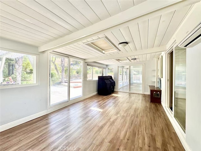 21315 Pinehill Ln, Diamond Bar, CA 91765 - unfurnished sunroom featuring an AC wall unit, wood finished floors, healthy amount of natural light, and a wooden ceiling with exposed beams